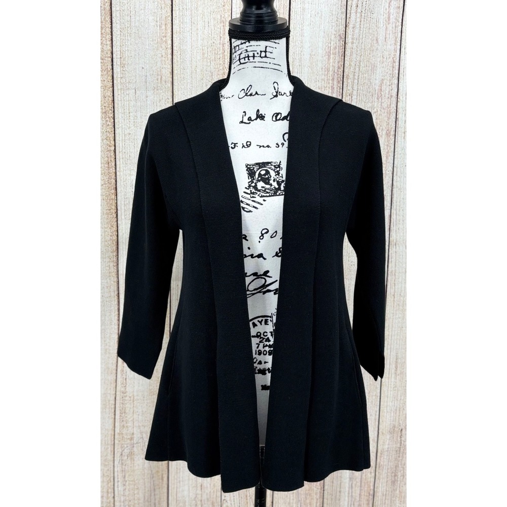 Eileen Fisher Silk Organic Cotton Open Front Cardigan Size XS Black Ribbed Knit